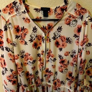 Floral zip front blouse with elastic waist